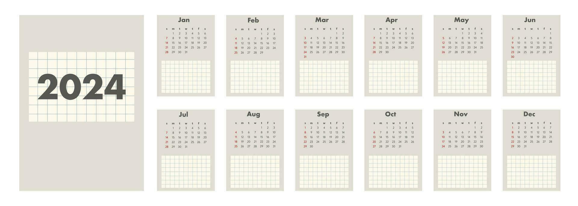 mensual calendario para 2024. vertical calendario. el semana empieza en domingo. vector