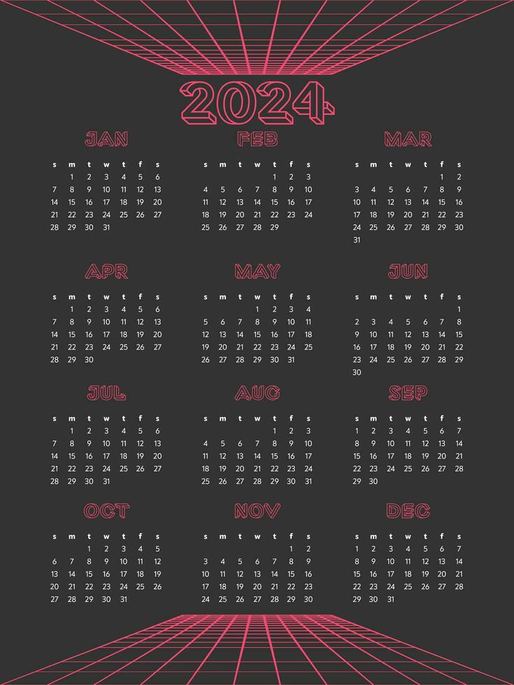 Monthly calendar for 2024. Vertical calendar with retrofuturistic elements. The week starts on Sunday. vector