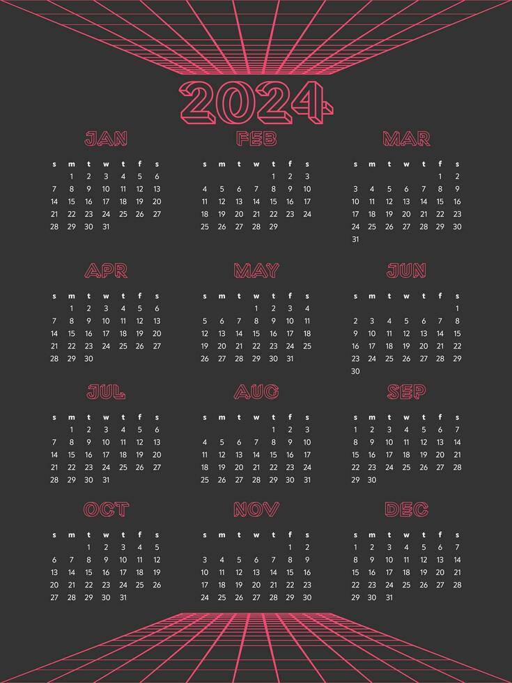 mensual calendario para 2024. vertical calendario con retrofuturista elementos. el semana empieza en domingo. vector