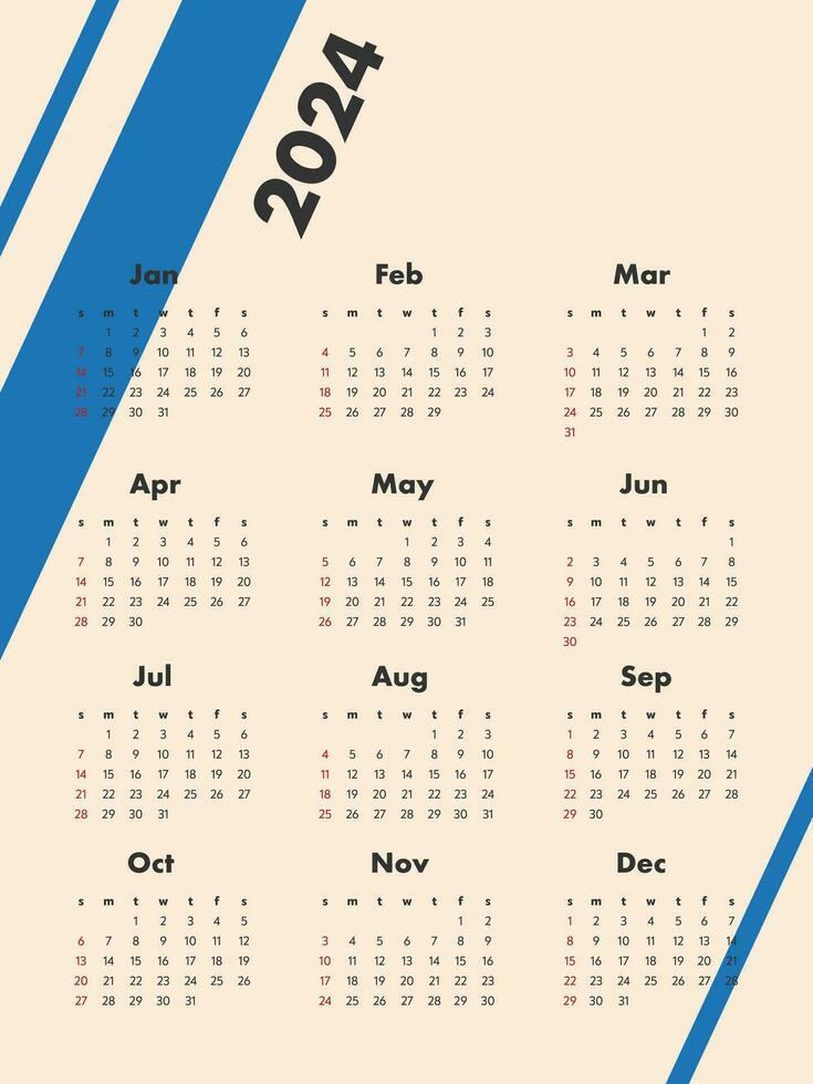 Monthly calendar for 2024. Vertical calendar with bauhaus elements. The week starts on Sunday. vector