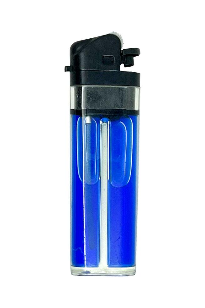 clear blank gas lighter with transparent and blue liquid gas, isolated on white background photo