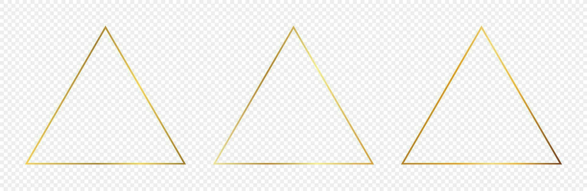 Set of three gold glowing triangle frames isolated on background. Shiny frame with glowing effects. Vector illustration.