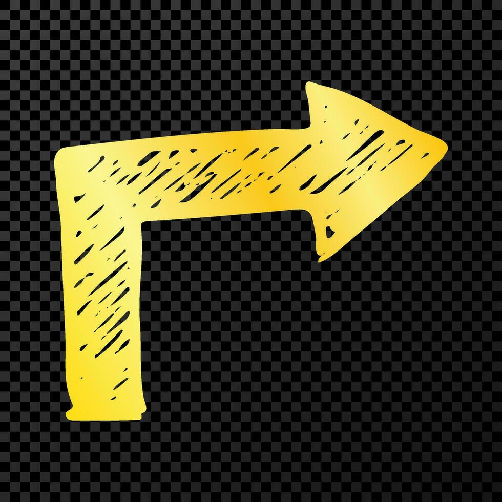 Gold hand drawn arrow. Sketch of gold doodle arrow isolated on dark background. Vector illustration.