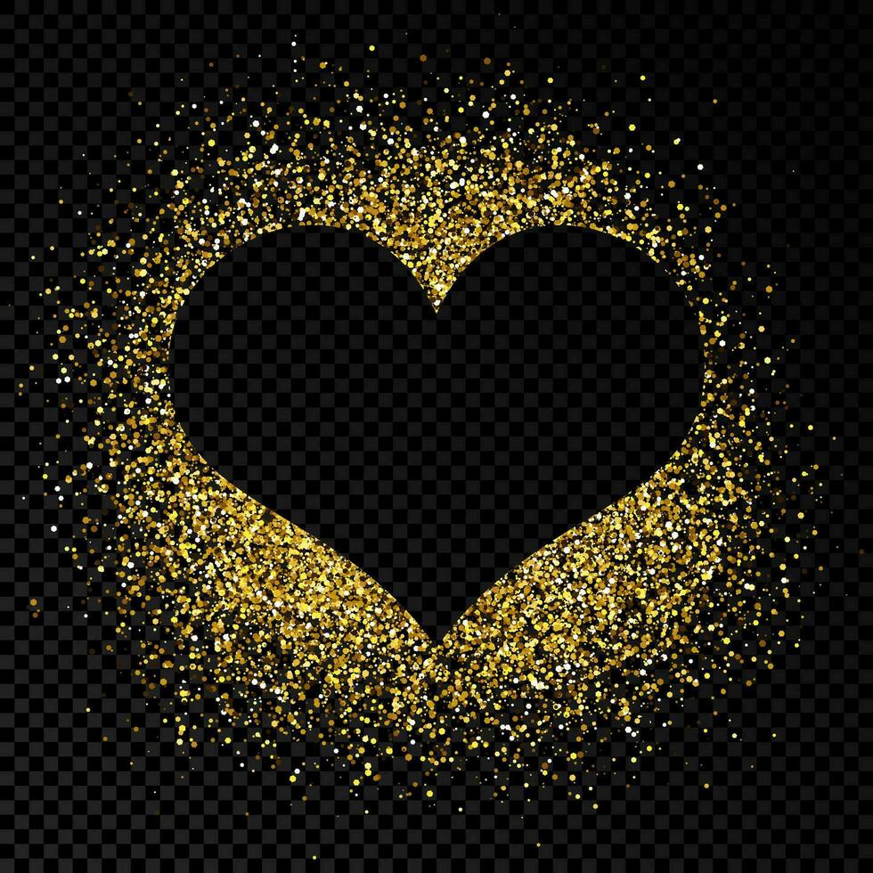 Heart shape frame with golden glitter on dark background. Greeting card with empty dark background. Vector illustration.