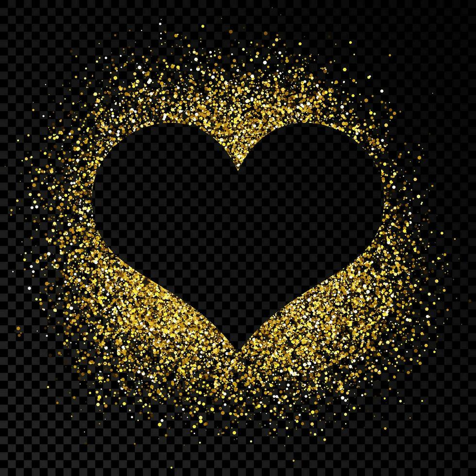 Heart shape frame with golden glitter on dark background. Greeting card with empty dark background. Vector illustration.