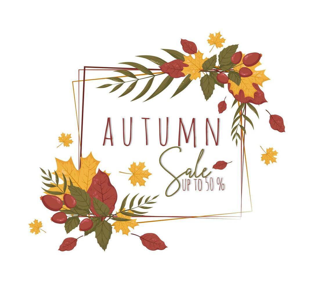 Harvest autumn leaves frame template with lettering. Vector llustration with place for text, photo. Thanksgiving Design element for sale, card, web, background, invitation, banner and flyers.