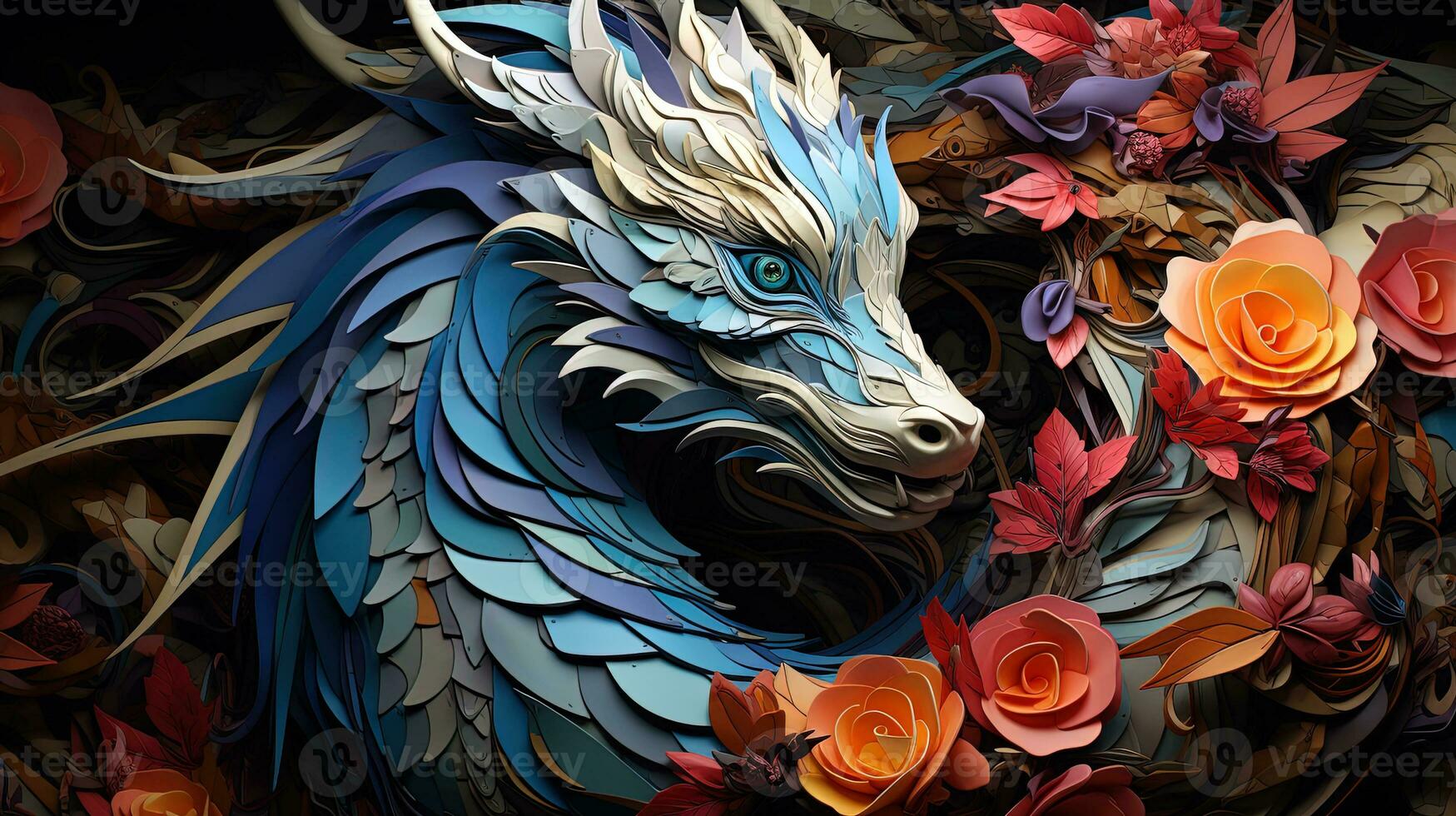 Japanese dragon, in the style of detailed multi-layered compositions, close-up, colorful bright background. ai generative art photo