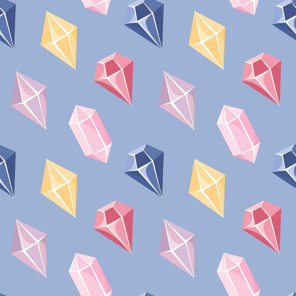 Seamless pattern of pink, yellow and blue crystals in flat cartoon style. vector