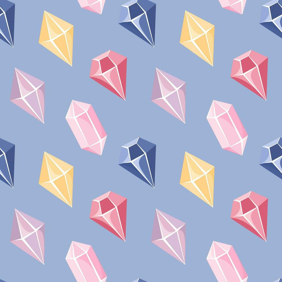 Seamless pattern of pink, yellow and blue crystals in flat cartoon style. vector