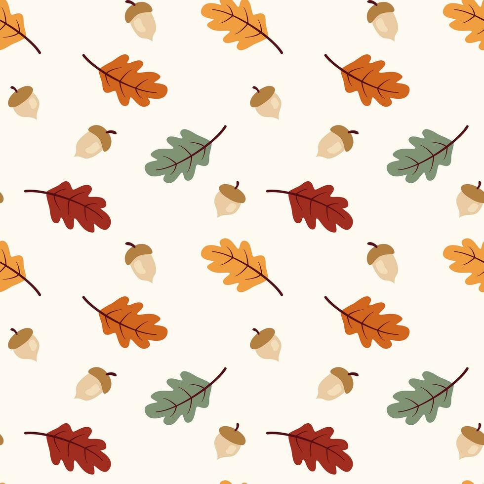 Seamless pattern with acorns and autumn oak leaves in cartoon flat style on a beige background. vector