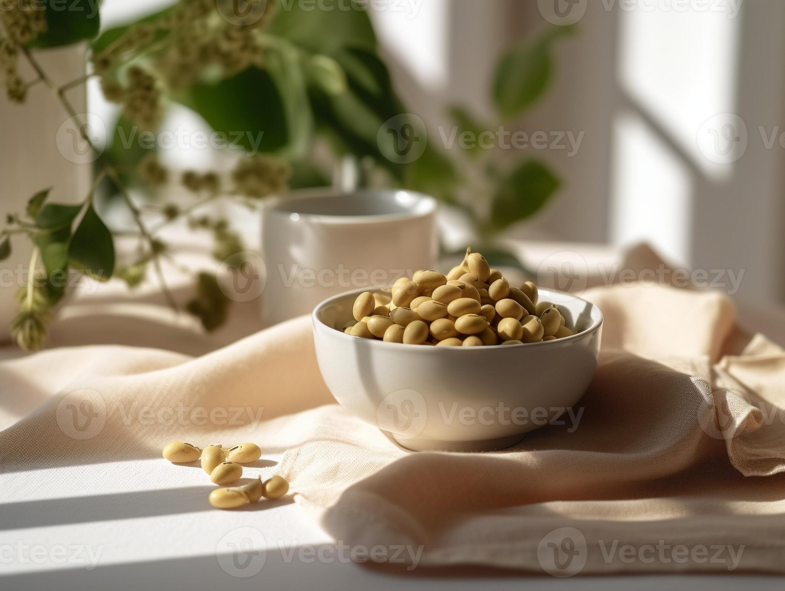 AI Generative soybean in hand soaked soybean in a glass bowl soya bean