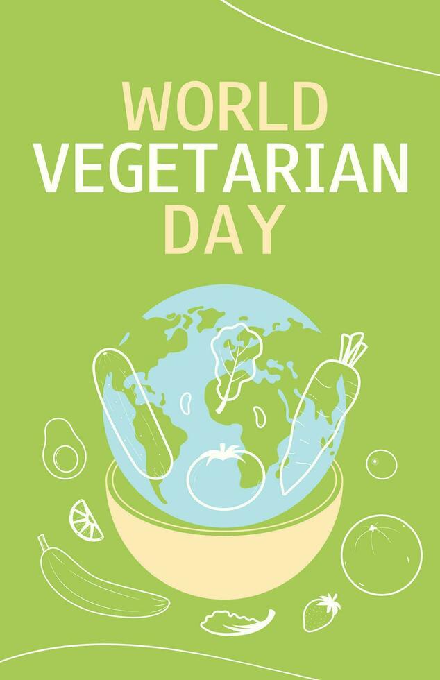 mundo vegetariano día. vertical bandera. vector ilustración con vegetales y globo.