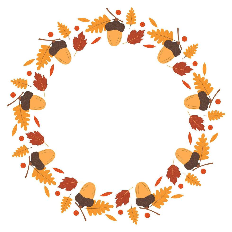 Autumn frame with leaves and acorns. Greeting card, invitation. Thanksgiving Day. Harvest Festival. Decorative round frame. vector