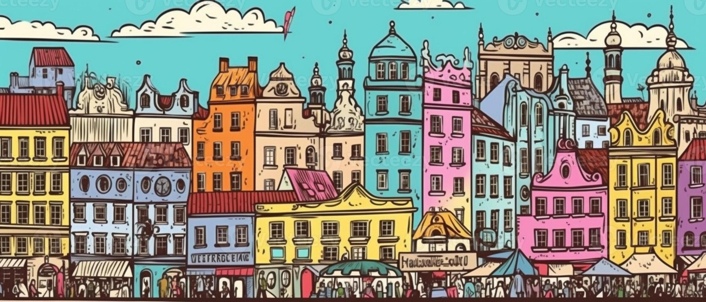 AI Generative Old city in Warsaw with red roofs Poland from above