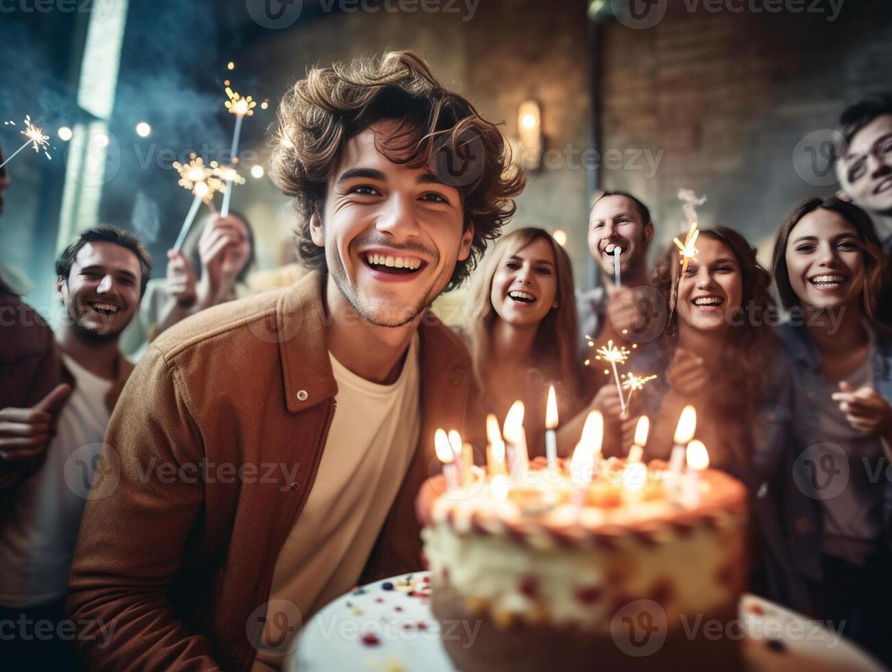 Best birthday Happy young man celebrating birthday among friends while