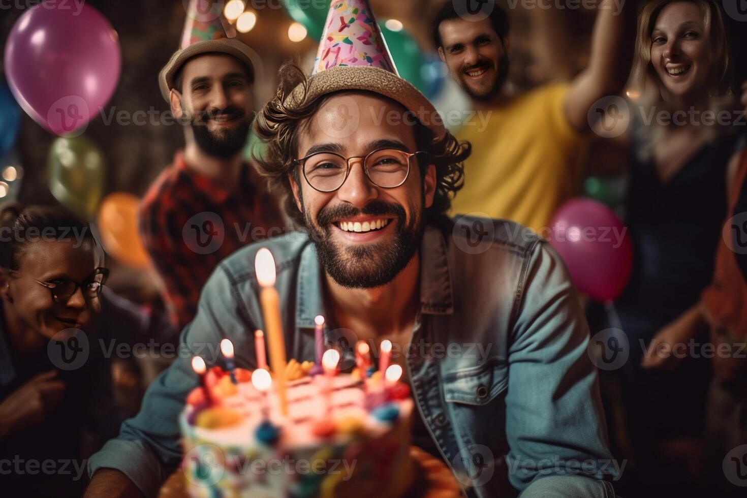 Best birthday Happy young man celebrating birthday among friends while