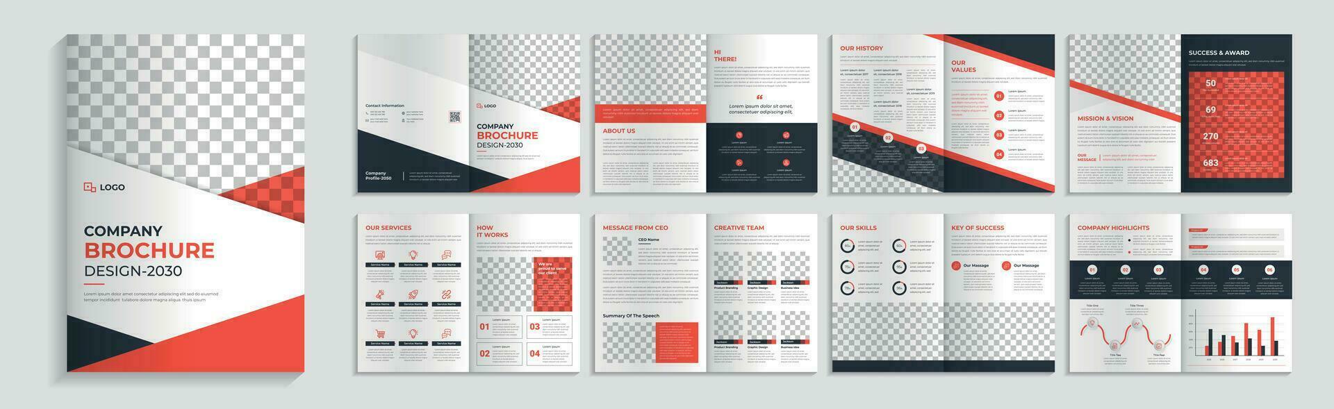 corporativo folleto modelo diseño. empresa perfil folleto diseño con rojo acentos vector
