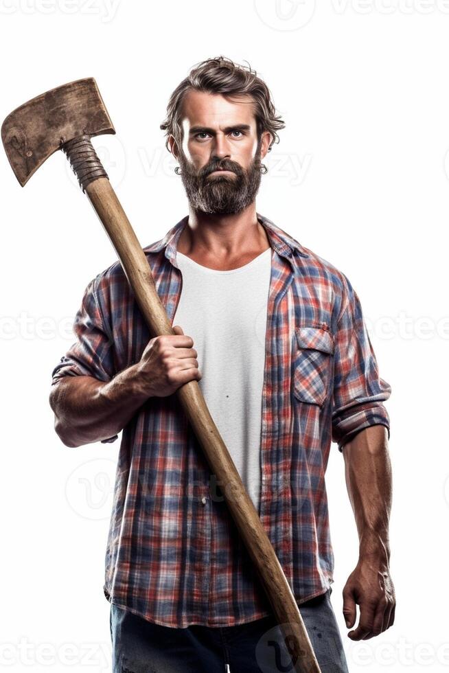 Shaving with axe Confident young bearded man carrying a big axe on