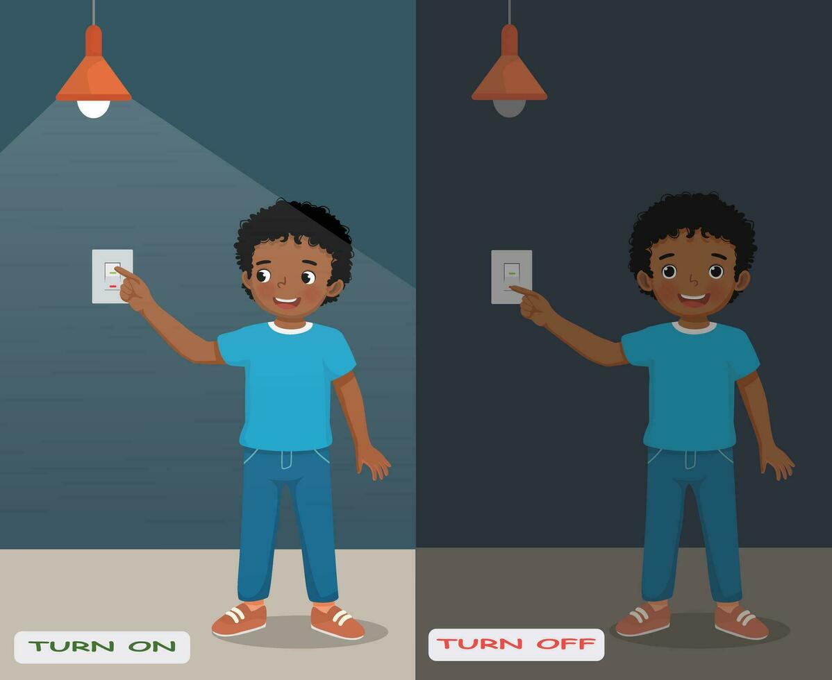 Opposite adjective antonym words turn on and turn off illustration of little African boy switch on and off the light explanation flashcard with text label vector