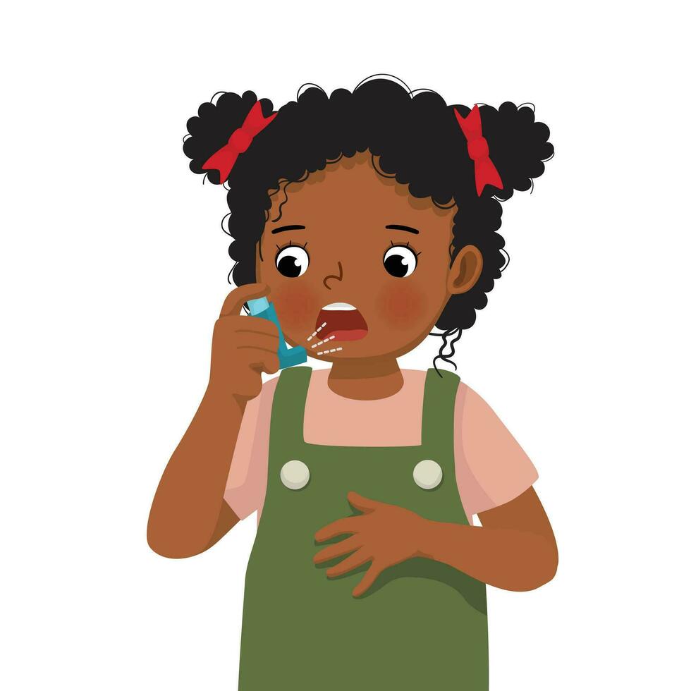 Cute little African girl using asthma inhaler nasal spray bottle to treat allergy asthma attack and breathing treatment vector