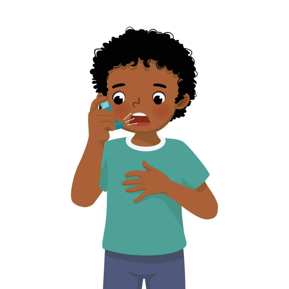 Cute little African boy using asthma inhaler nasal spray bottle to treat allergy asthma attack and breathing treatment vector