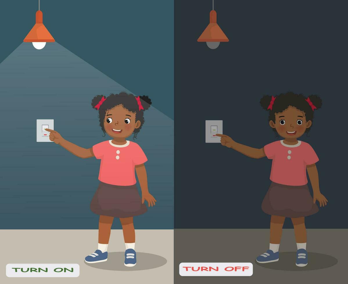 Opposite adjective antonym words turn on and turn off illustration of little African girl switch on and off the light explanation flashcard with text label vector