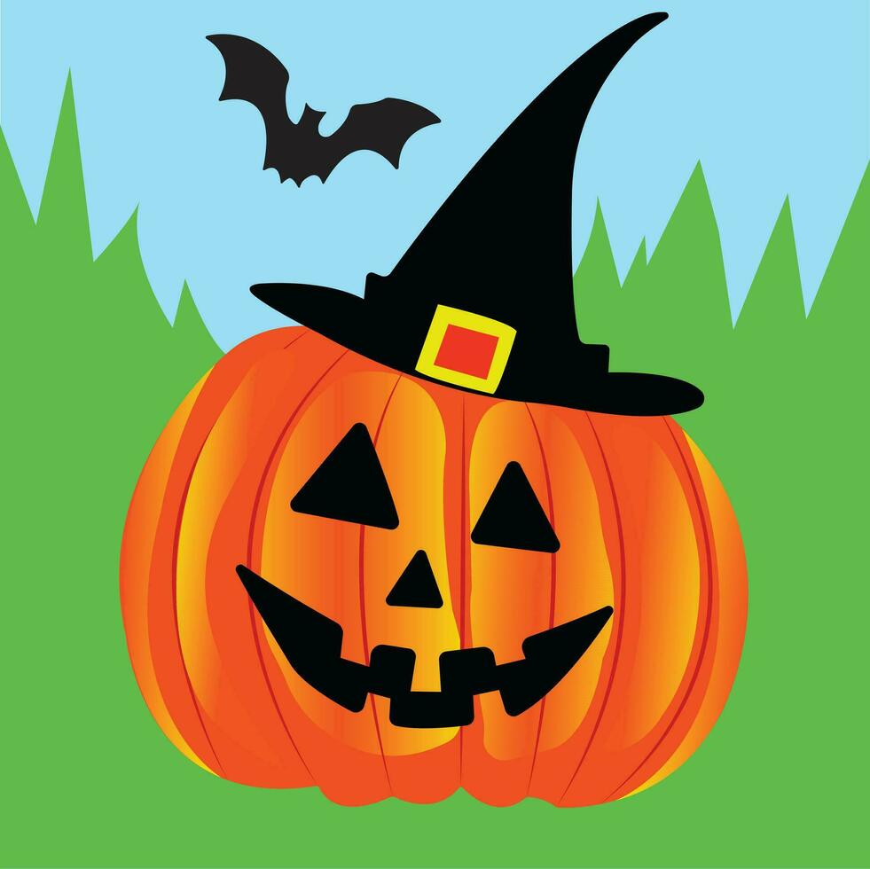 Halloween pumpkin vector design with black hut, bat, sky and natural tree isolated on blue and green background