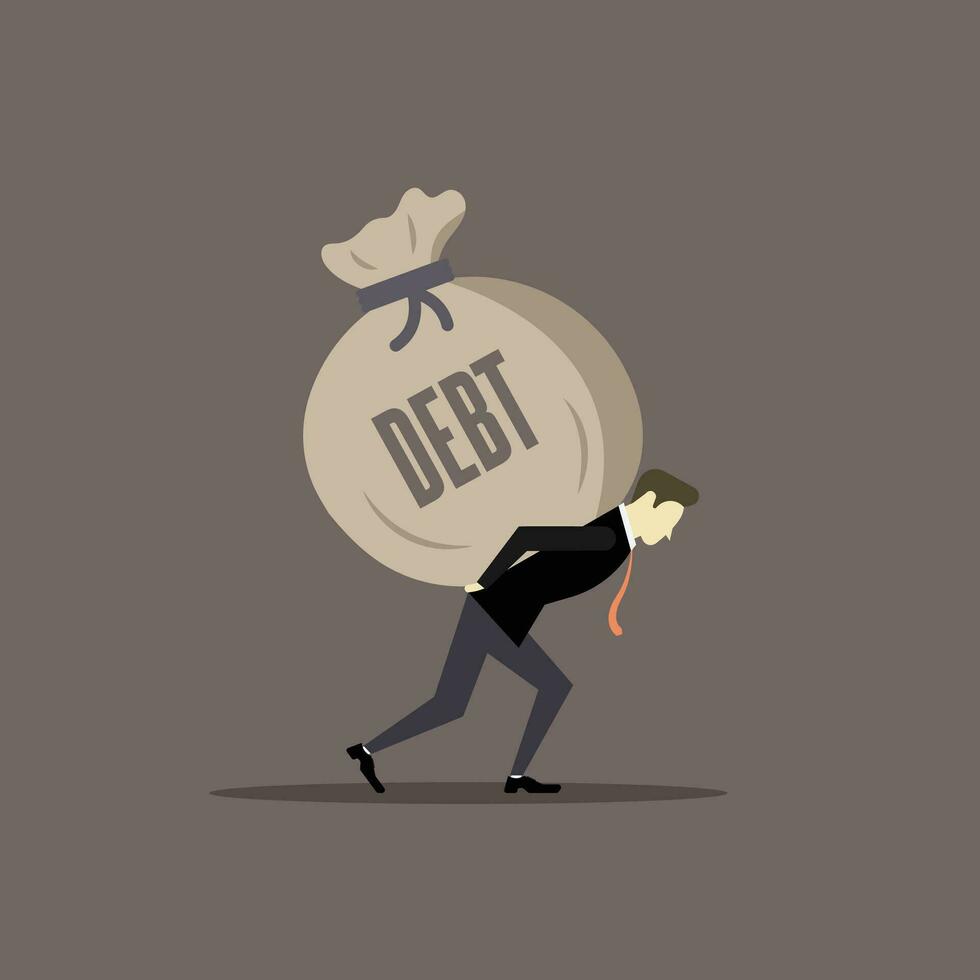 A businessman carrying a big debt bag on his back vector