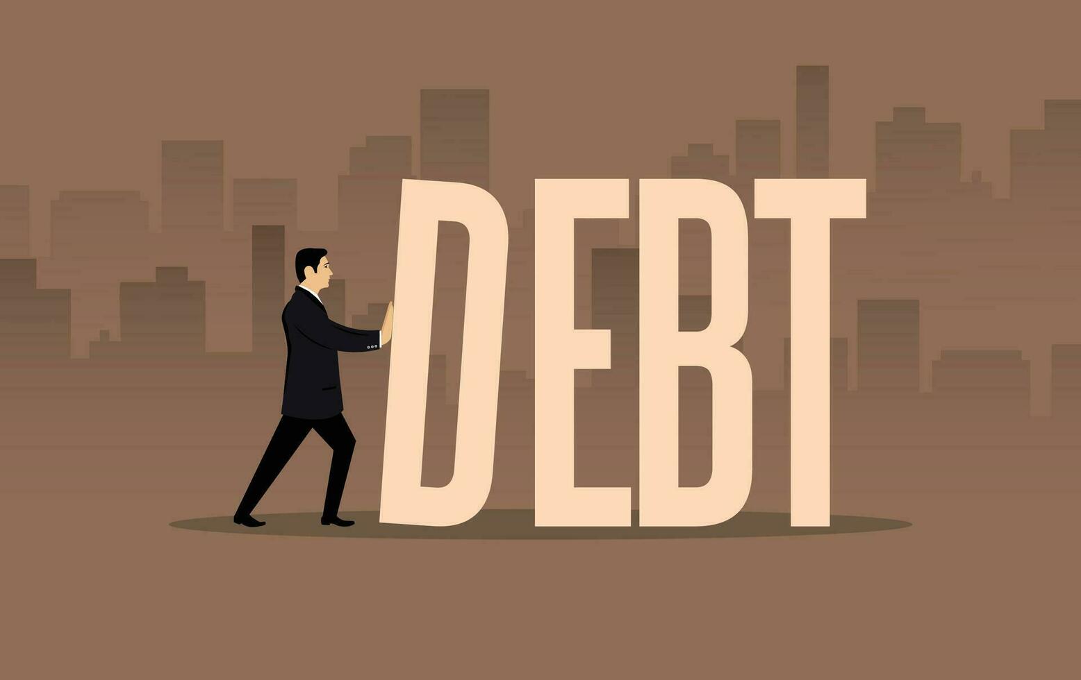 A man in a suit pushing debt. Financial concept vector illustration