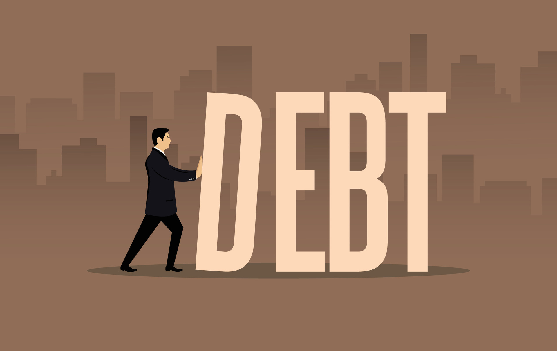 A man in a suit pushing debt. Financial concept vector illustration
