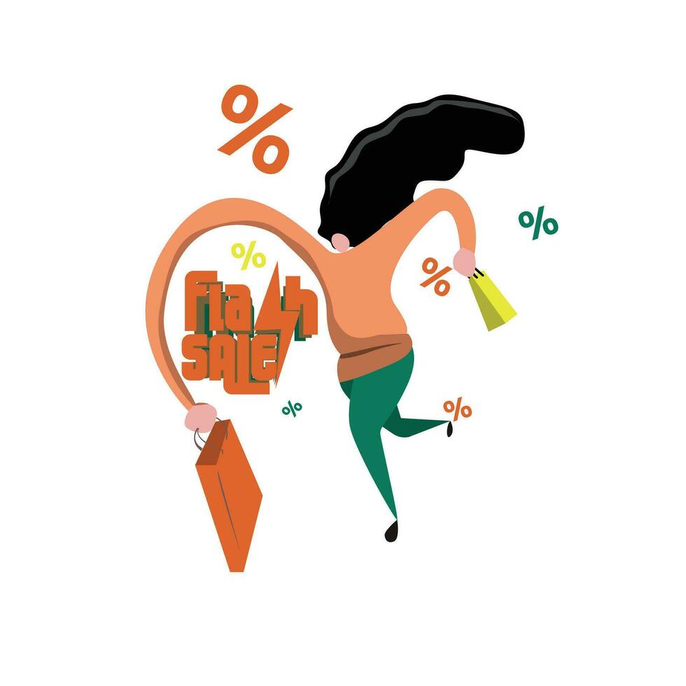long hands Girl withn shopping bag vector. flash sale symbol for ads vector