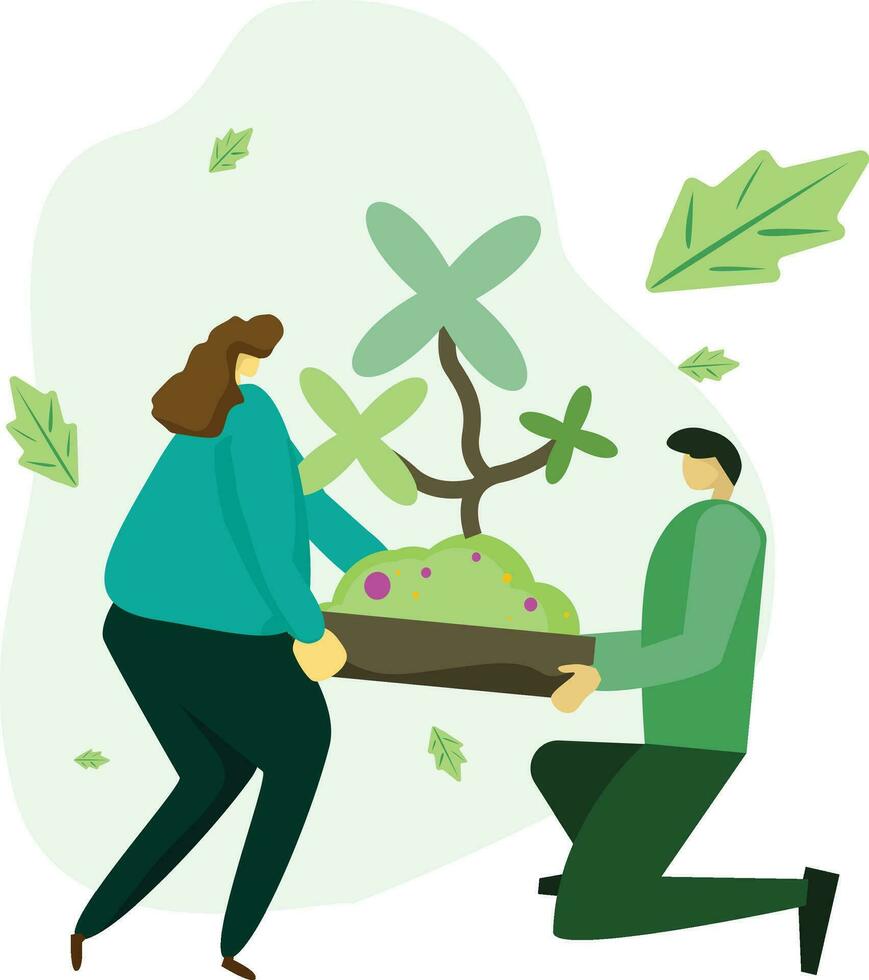 Illustration vector of Happy Couple Taking Care of Home Plants.