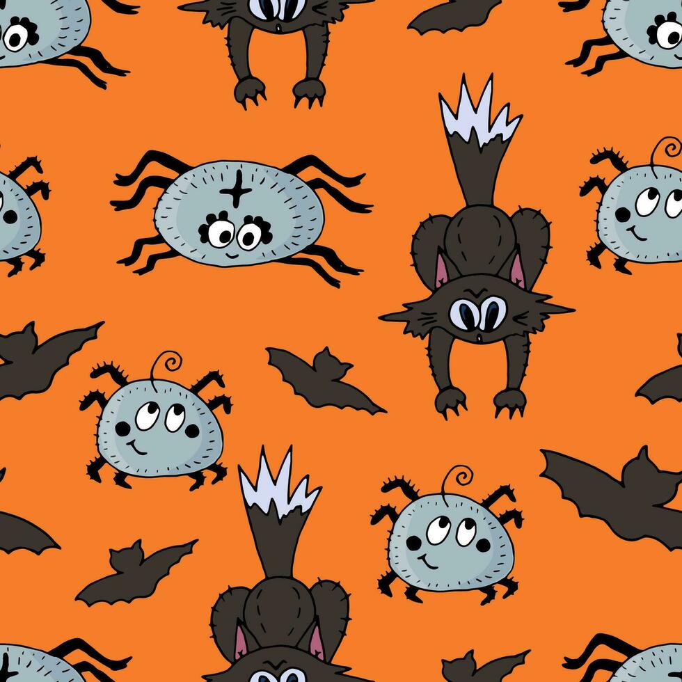 Seamless Halloween pattern on an orange background - black cat, bats and spiders. Vector doodle cartoon illustration
