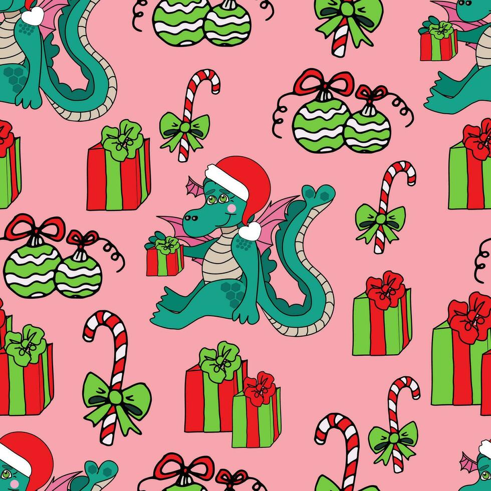 Seamless pattern dragon with gifts, caramel and Christmas balls on a pink background. Vector doodle illustration for packaging, web design