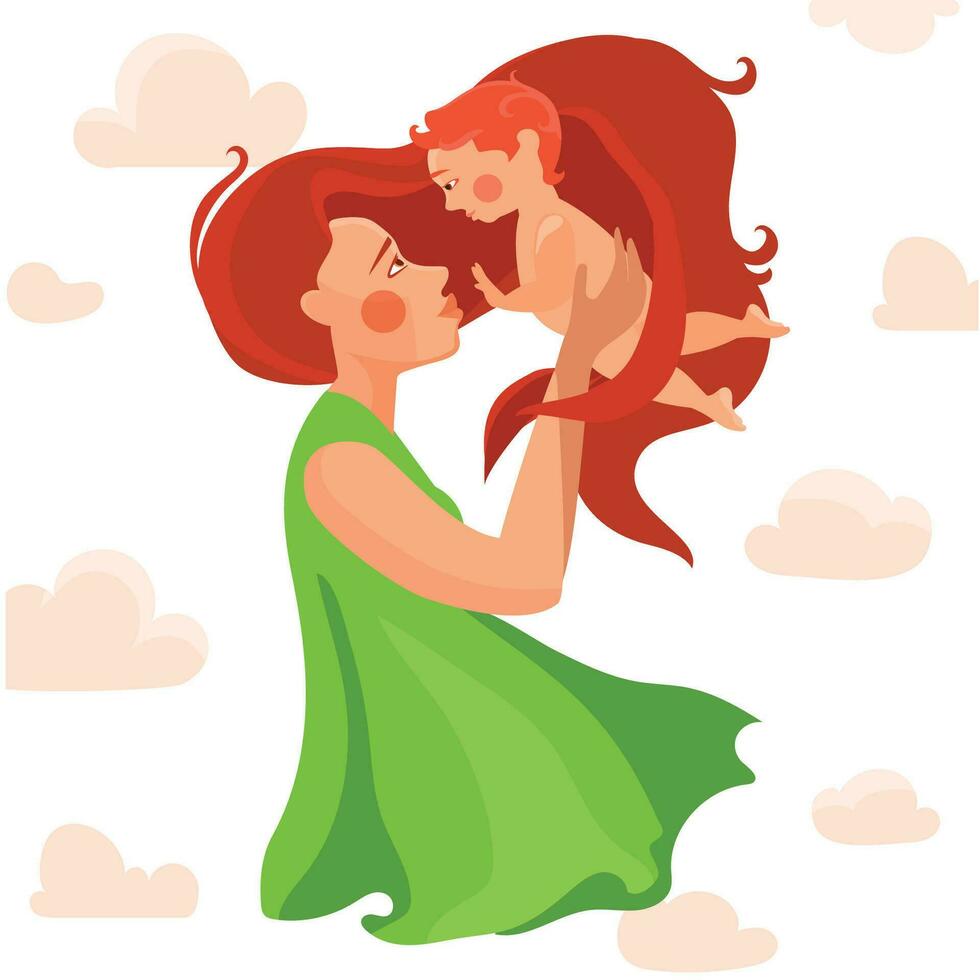 Happy young mother holds her baby in her arms and smiles at him. Happy motherhood and childhood, child protection concept. Woman with child vector illustration