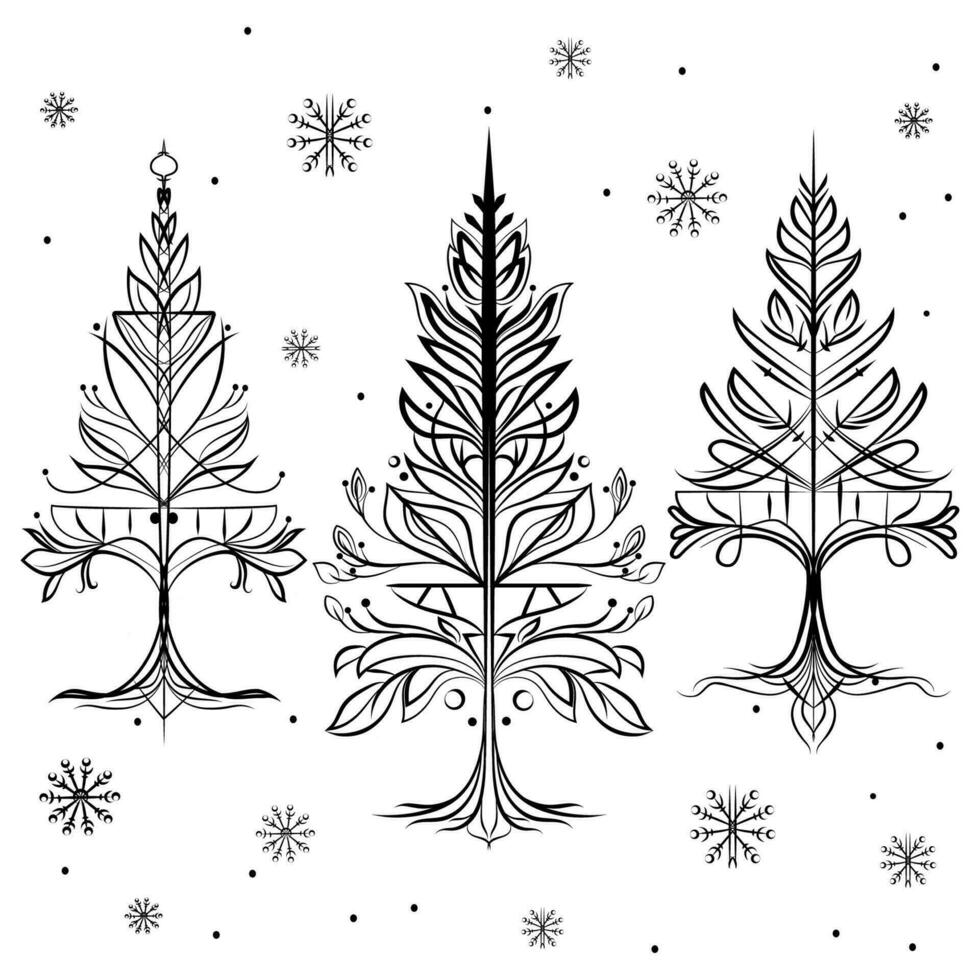 resumen Navidad arboles con copos de nieve colección línea Arte dibujo mano dibujado vector ilustración. alegre Navidad y nuevo año concepto ilustración.resumen garabatear dibujo bosque negro y blanco