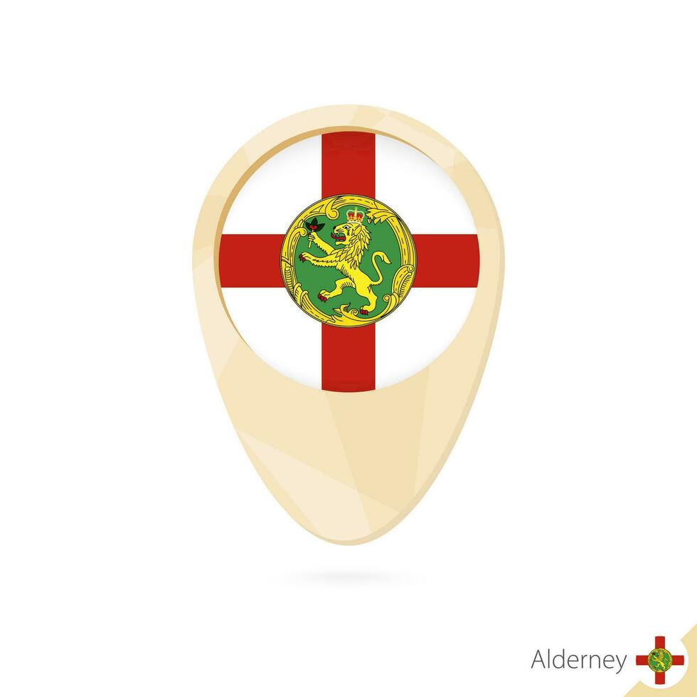 Map pointer with flag of Alderney. Orange abstract map icon. vector