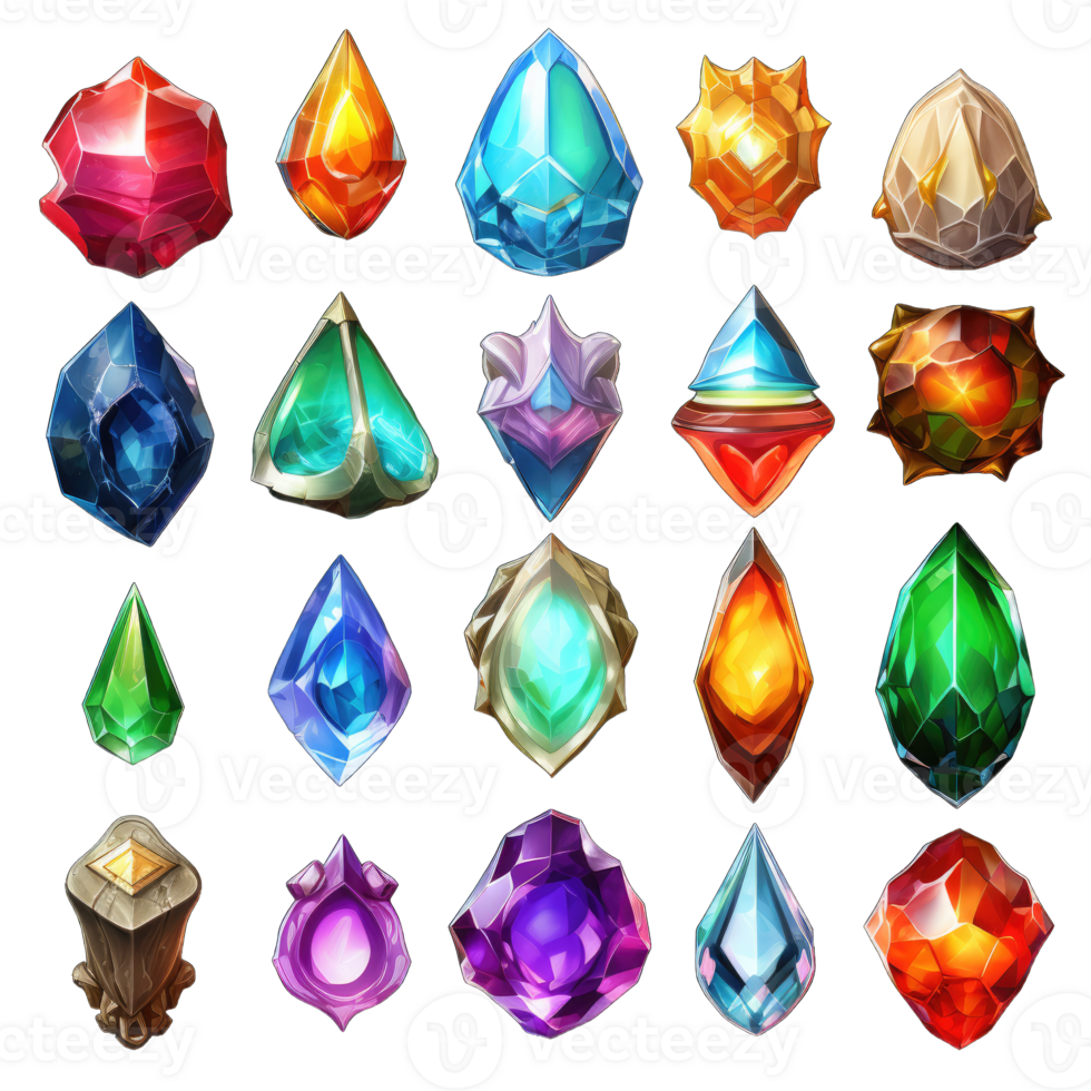Set of colorful gemstones isolated on transparent background, generative ai png