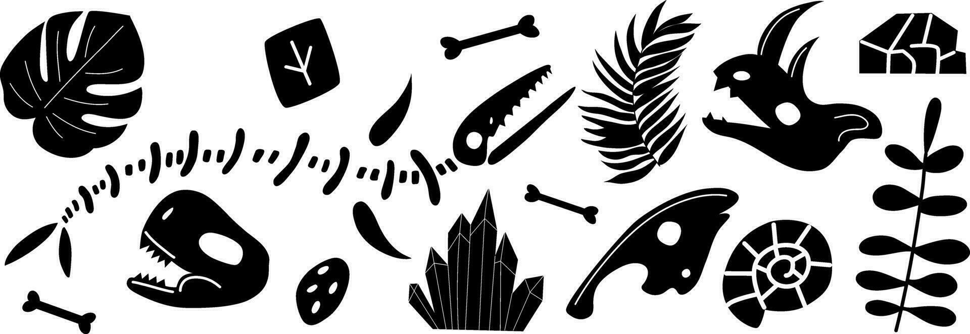 Dinosaur skeleton and fossils. Dinosaur bones, rocks, footprints, plants and eggs. Black and white illustration vector