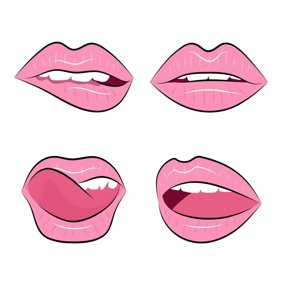 labios. un conjunto de ilustraciones de rosado labios expresando diferente emociones hembra labios en dibujos animados estilo, sonrisa y sensual labios, Beso y lengua en un blanco antecedentes. vector