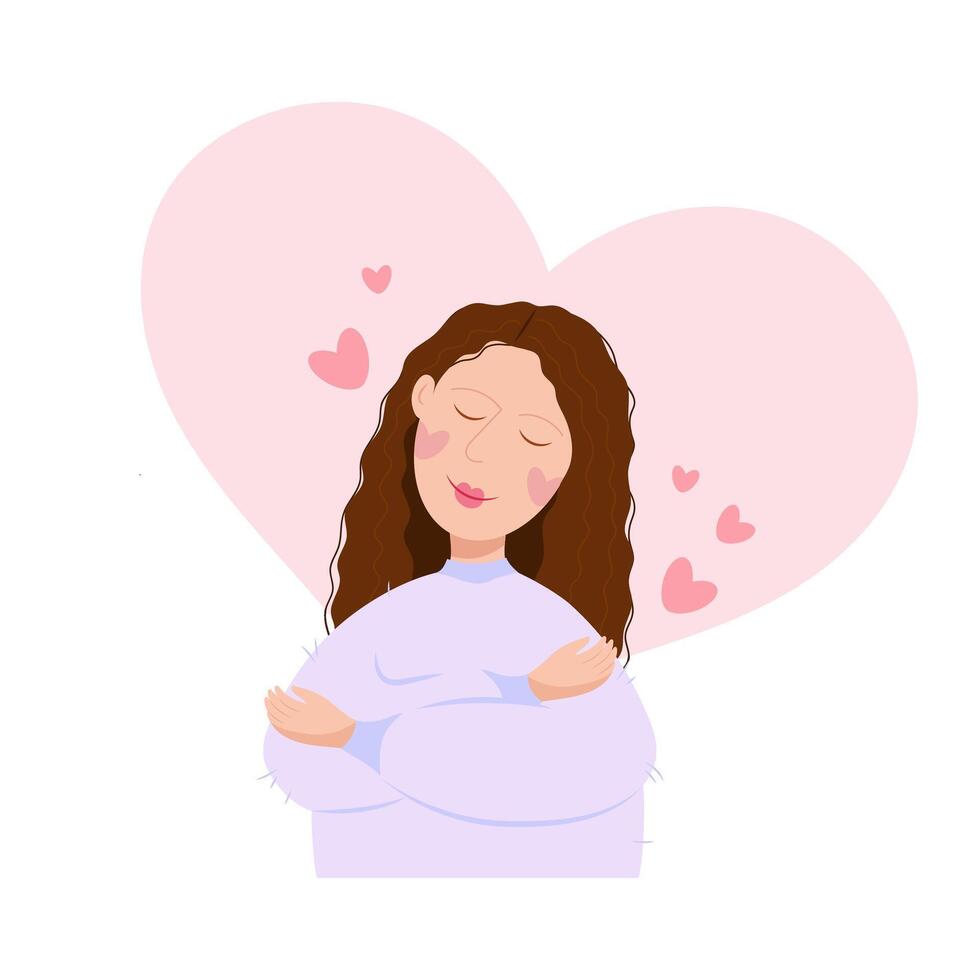 The girl hugs herself against the background of a pink heart. Self love. vector