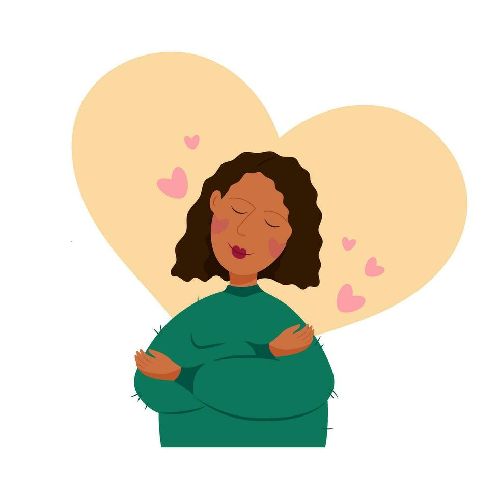 A dark-skinned girl hugs herself against the background of a heart. Self love. vector