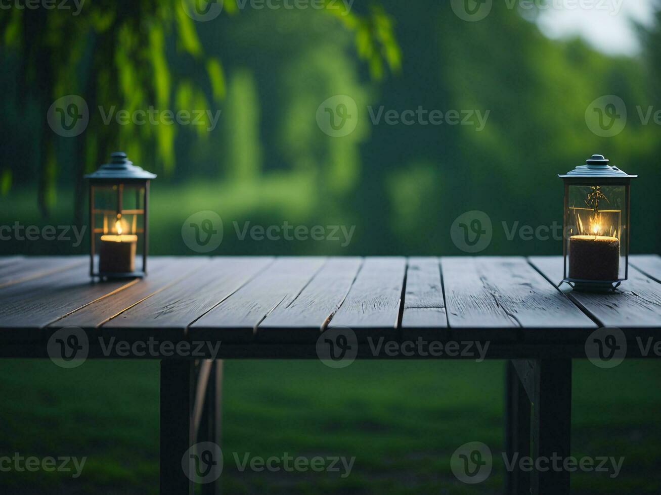 Wooden table and blur tropical green grass background, product display montage. High quality photo 8k FHD AI generated