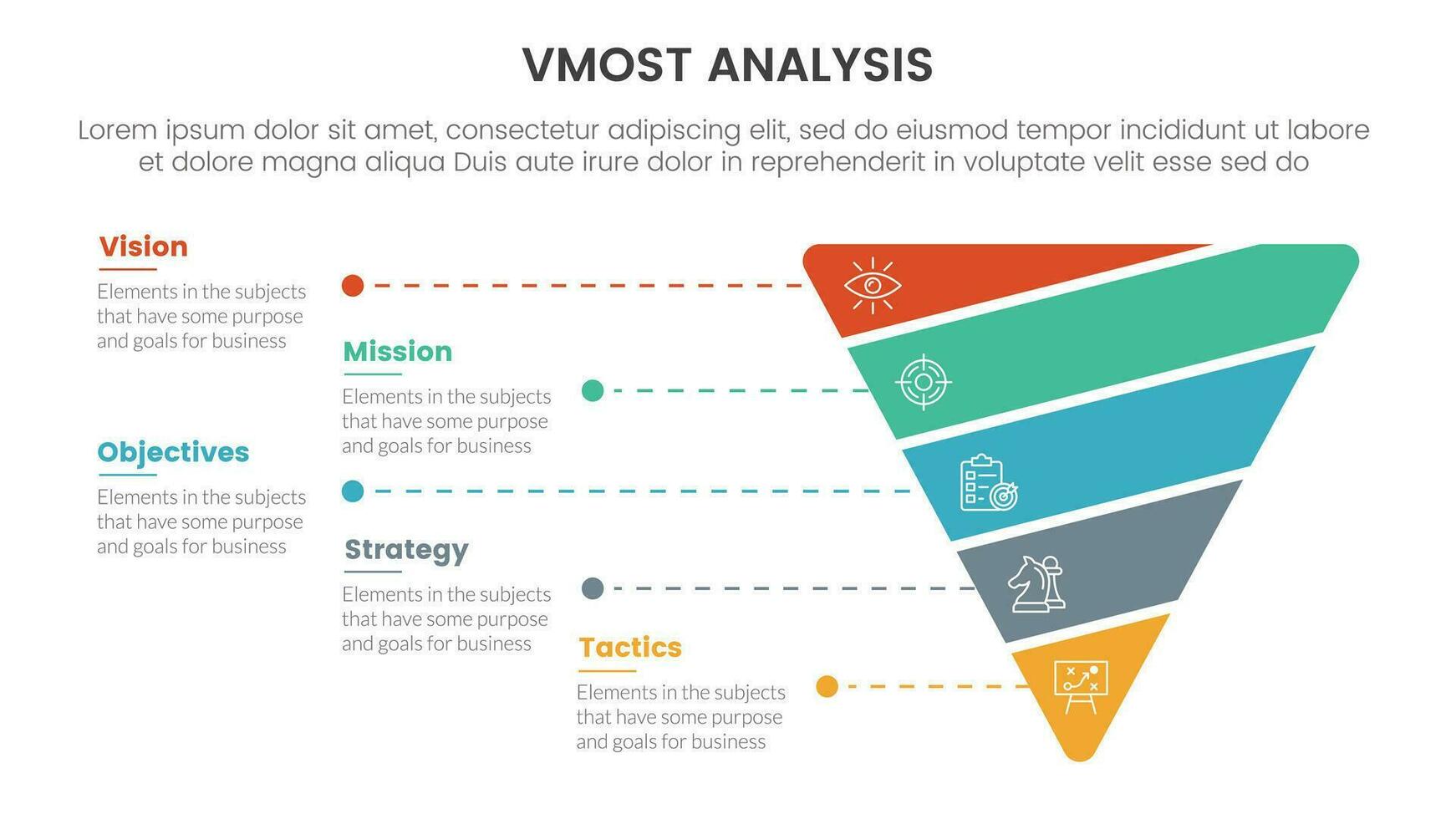 vmost analysis model framework infographic 5 point stage template with funnel cutted or sliced shape concept for slide presentation vector