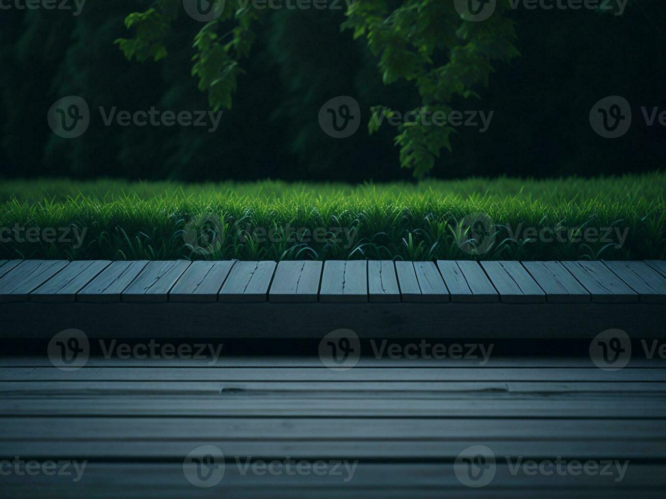 Wooden table and blur tropical green grass background, product display montage. High quality photo 8k FHD AI generated