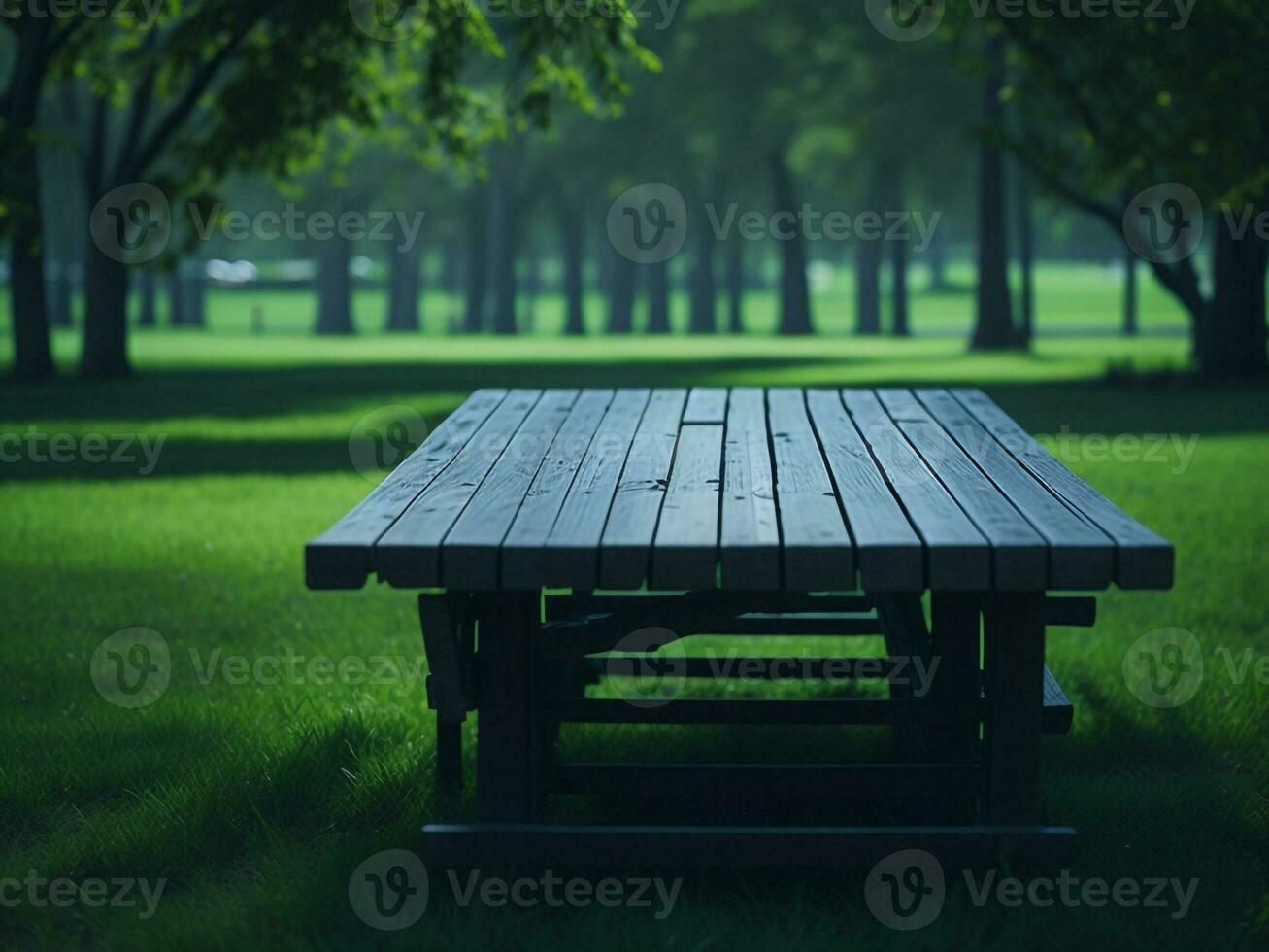 Wooden table and blur tropical green grass background, product display montage. High quality photo 8k FHD AI generated