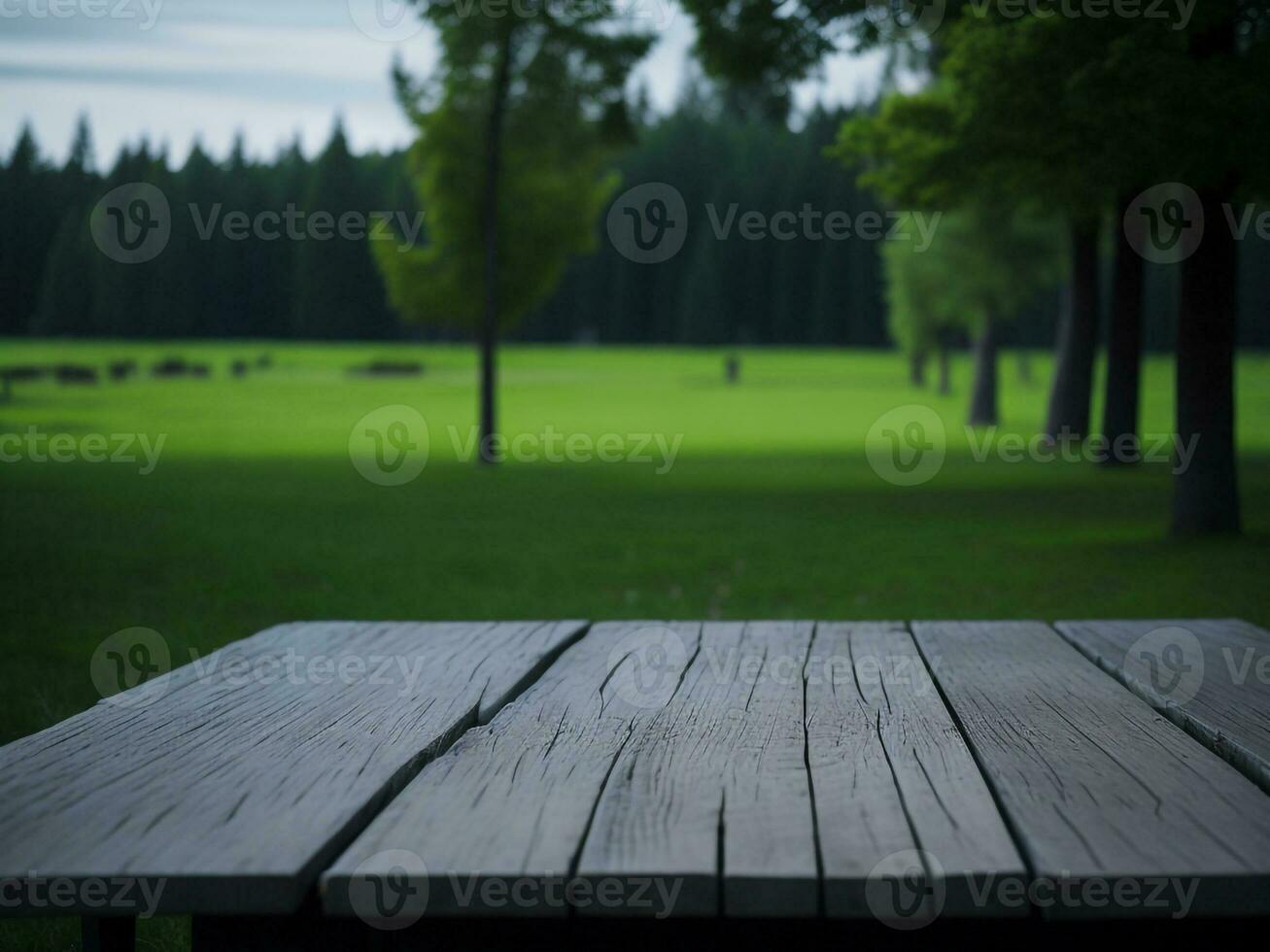 Wooden table and blur tropical green grass background, product display montage. High quality photo 8k FHD AI generated