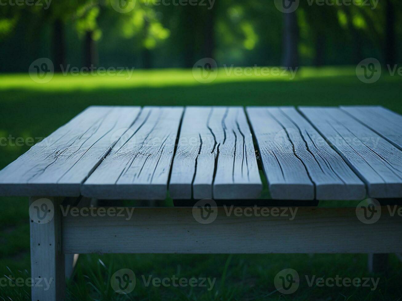 Wooden table and blur tropical green grass background, product display montage. High quality photo 8k FHD AI generated