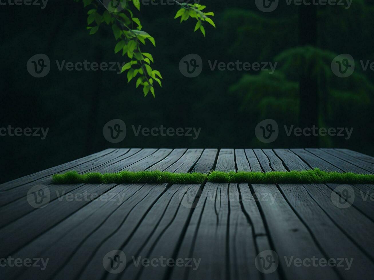 Wooden table and blur tropical green grass background, product display montage. High quality photo 8k FHD AI generated