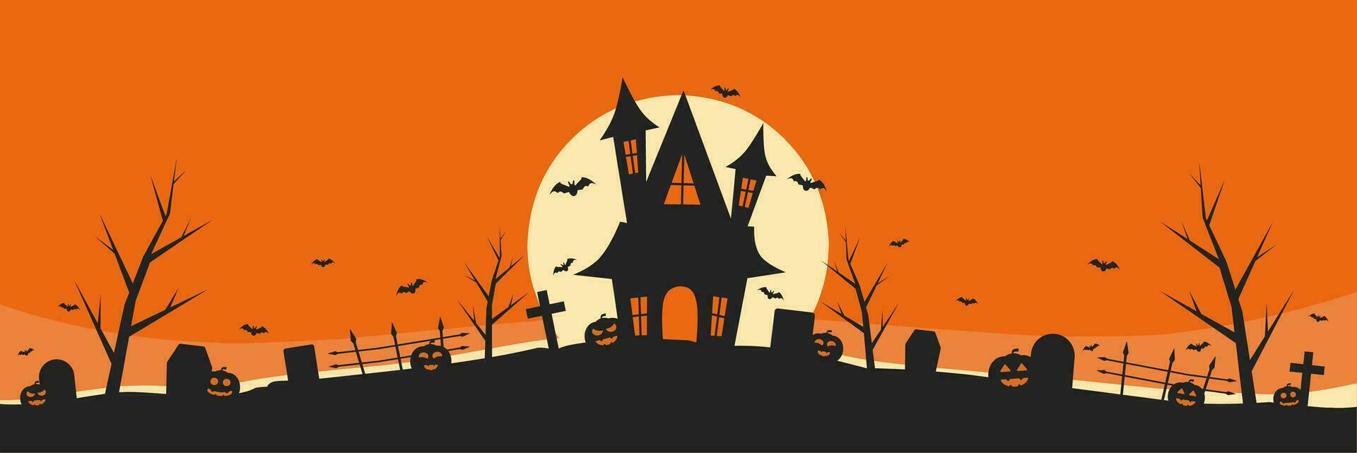 orange halloween banner template with haunted house in the middle of cemetery vector illustration